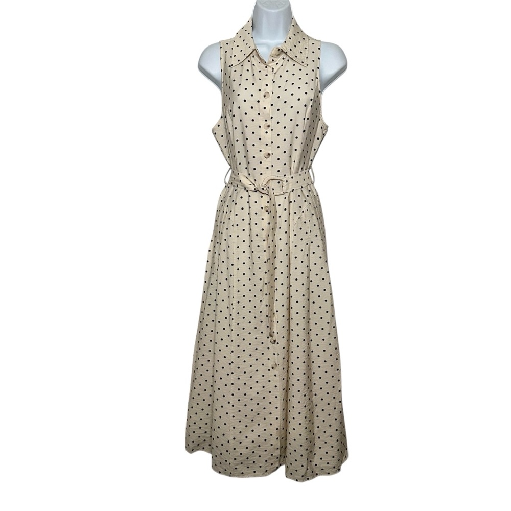 MANGO Women's Ecru & Black Polka Dot Sleeveless Belted Midi Shirt Dress- Size 4